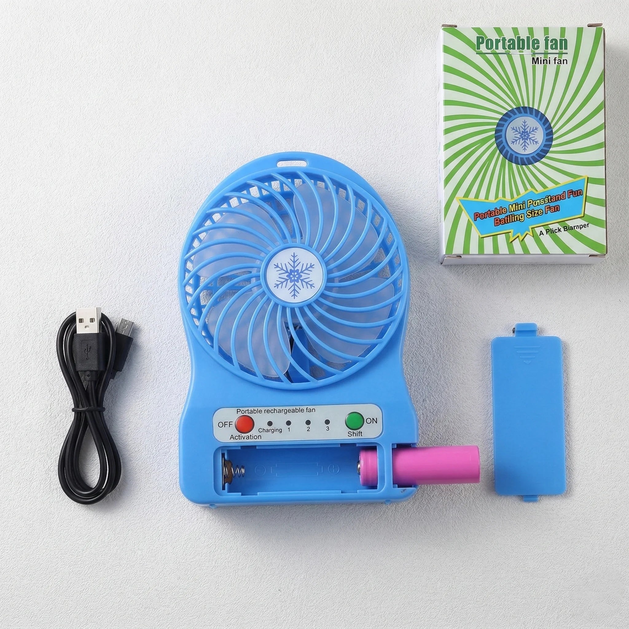 Versatile 2-in-1 Handheld/Desktop Rechargeable Mini Fan with Built-in LED Light, 3 Speeds, & Detachable Battery