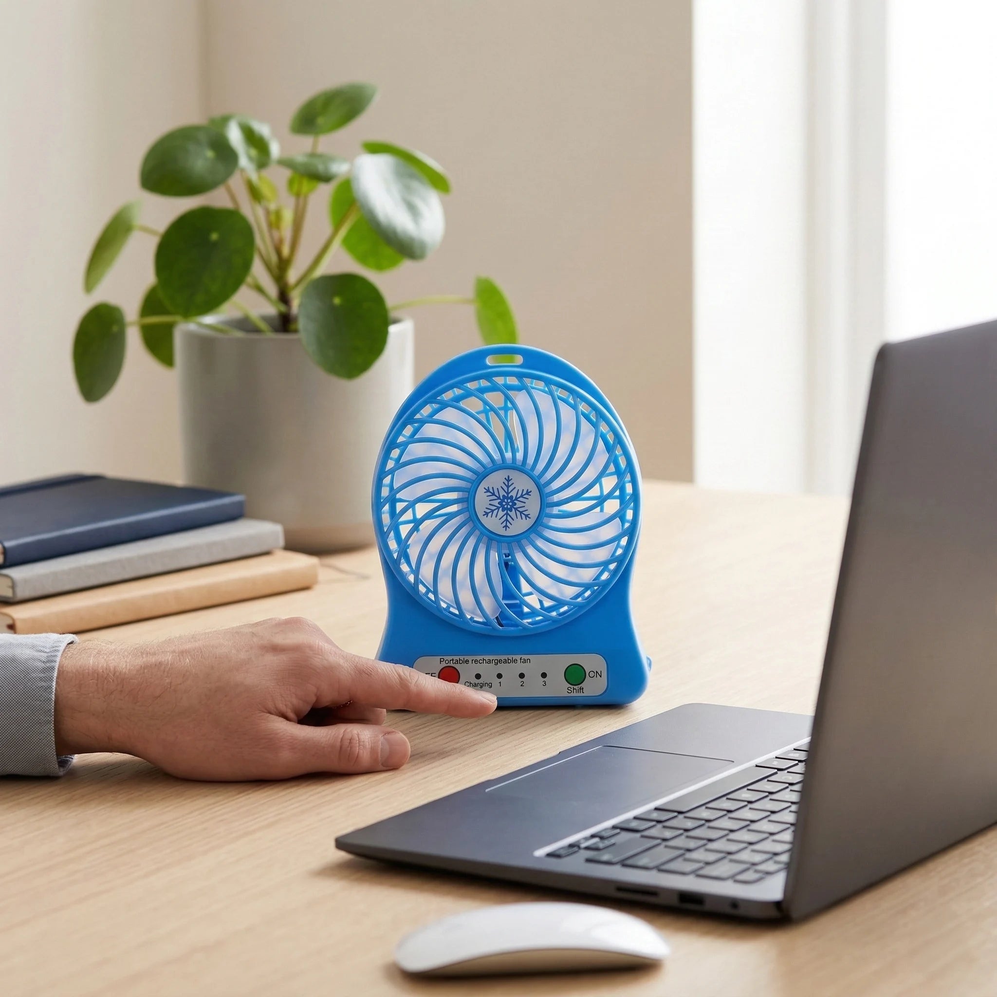 Versatile 2-in-1 Handheld/Desktop Rechargeable Mini Fan with Built-in LED Light, 3 Speeds, & Detachable Battery